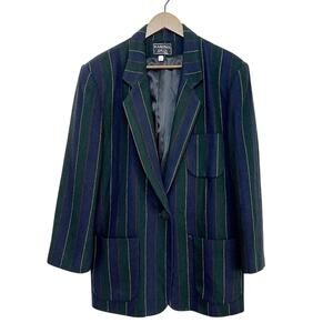 Vintage 90s Wool Striped Oversized Blazer L Academia Green Blue